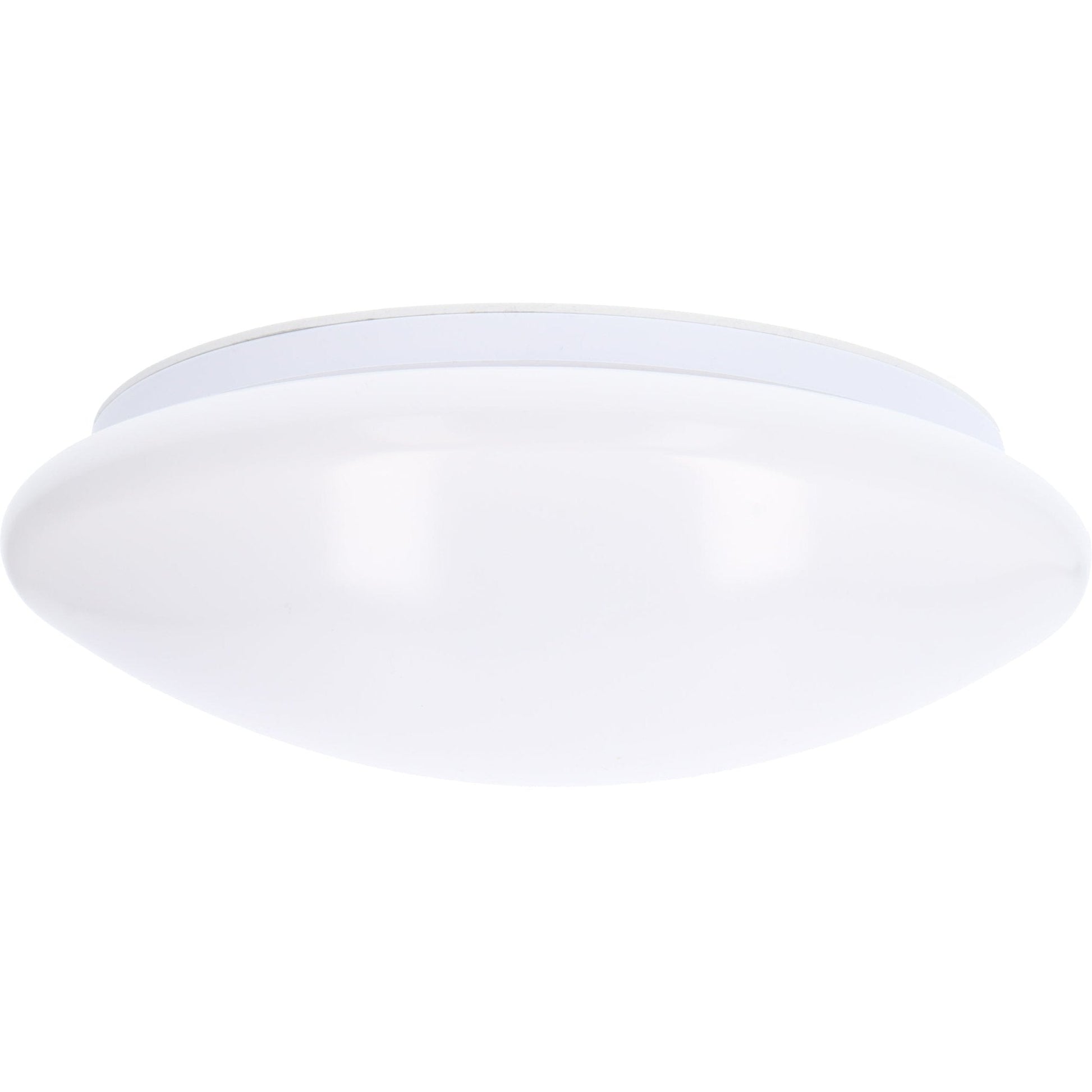 Een witte, ronde plafondlamp met een glanzende, mat-wit diffuser en een zilverkleurige rand. Geschikt voor moderne interieurs en als energiezuinige verlichting in woon- en werkkamers.