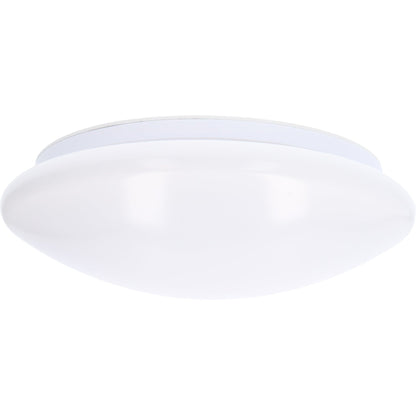 Een witte, ronde plafondlamp met een glanzende, mat-wit diffuser en een zilverkleurige rand. Geschikt voor moderne interieurs en als energiezuinige verlichting in woon- en werkkamers.