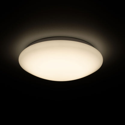 Een witte, ronde plafondlamp met een gladde, mat witte kap en een zichtbare zilverkleurige rand. Geschikt voor moderne interieurs en als energiezuinige verlichting in woon- en werkkamers.