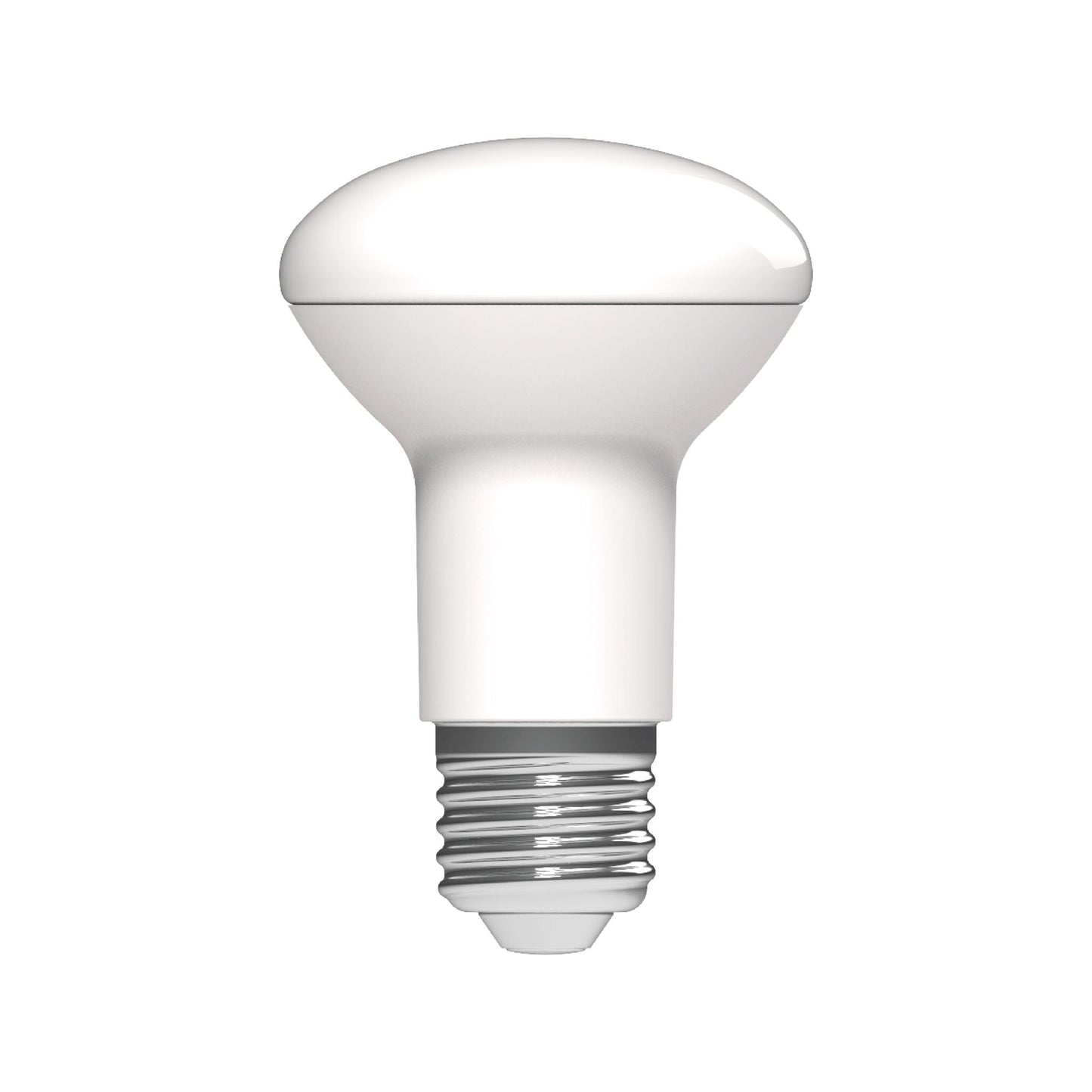 Een witte, ronde R63 LED-lamp met E27-schroefdraad, geschikt voor binnenverlichting. Zichtbaar glas en metalen basis met reflector voor efficiënte verlichting.