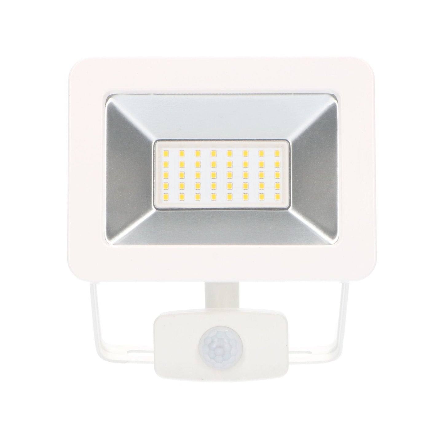 Een witte LED buitenverlichting met bewegingssensor, voorzien van een zichtbare schroef en een zilverkleurige reflector. Geschikt voor tuin- en terrasverlichting met automatische detectie.