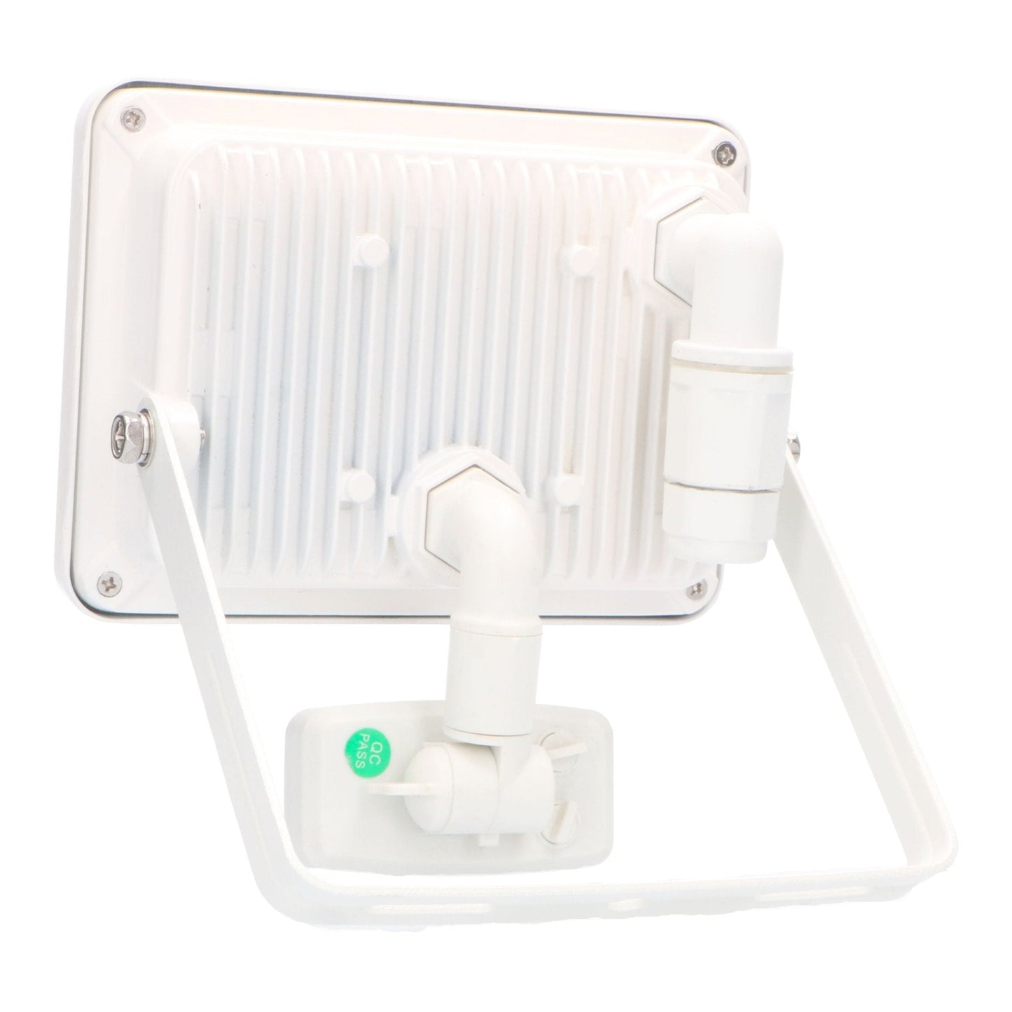 Een witte LED-stralingslamp met zichtbare sensormodule, geschikt voor buitengebruik. Het apparaat heeft een metalen reflector en een schroefmontage voor gemakkelijke installatie.