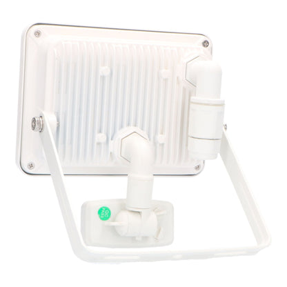 Een witte LED-stralingslamp met zichtbare sensormodule, geschikt voor buitengebruik. Het apparaat heeft een metalen reflector en een schroefmontage voor gemakkelijke installatie.