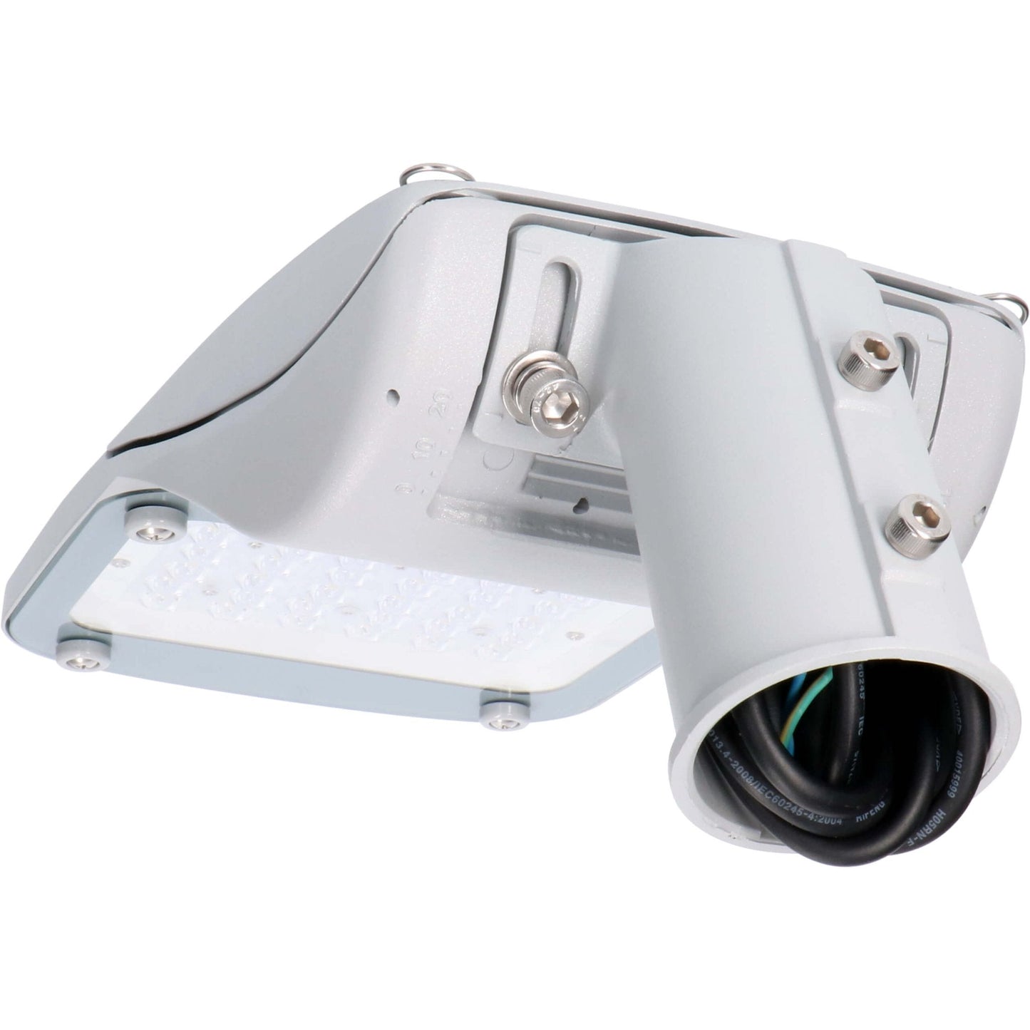 Zilverkleurige LED straatverlichting met zichtbare lampenmatrix en metalen bevestigingspunten. Geschikt voor buitenverlichting en straatverlichting, met een robuust ontwerp voor duurzame prestaties.