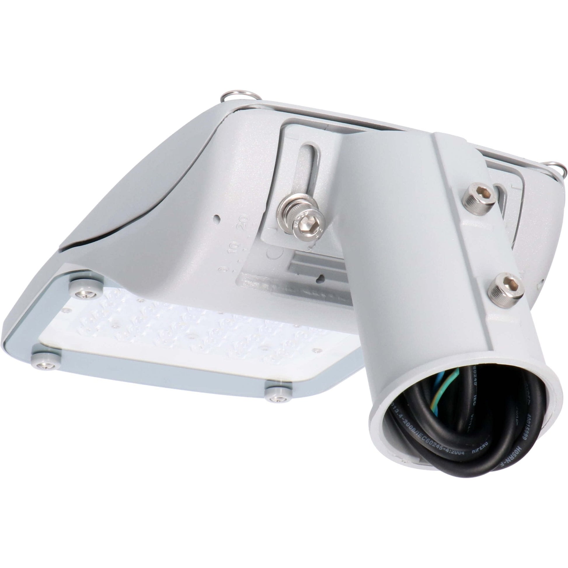 Zilverkleurige LED straatverlichting met zichtbare lampenmatrix en metalen bevestigingspunten. Geschikt voor buitenverlichting en straatverlichting, met een robuust ontwerp voor duurzame prestaties.
