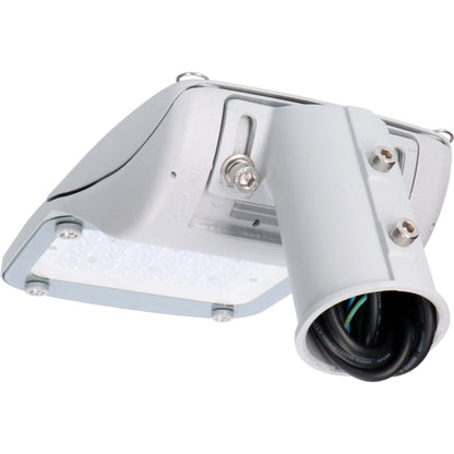 Zilverkleurige LED straatverlichting met zichtbare lampenmatrix en metalen bevestigingspunten. Geschikt voor buitenverlichting en straatverlichting, met een robuust ontwerp voor duurzame prestaties.