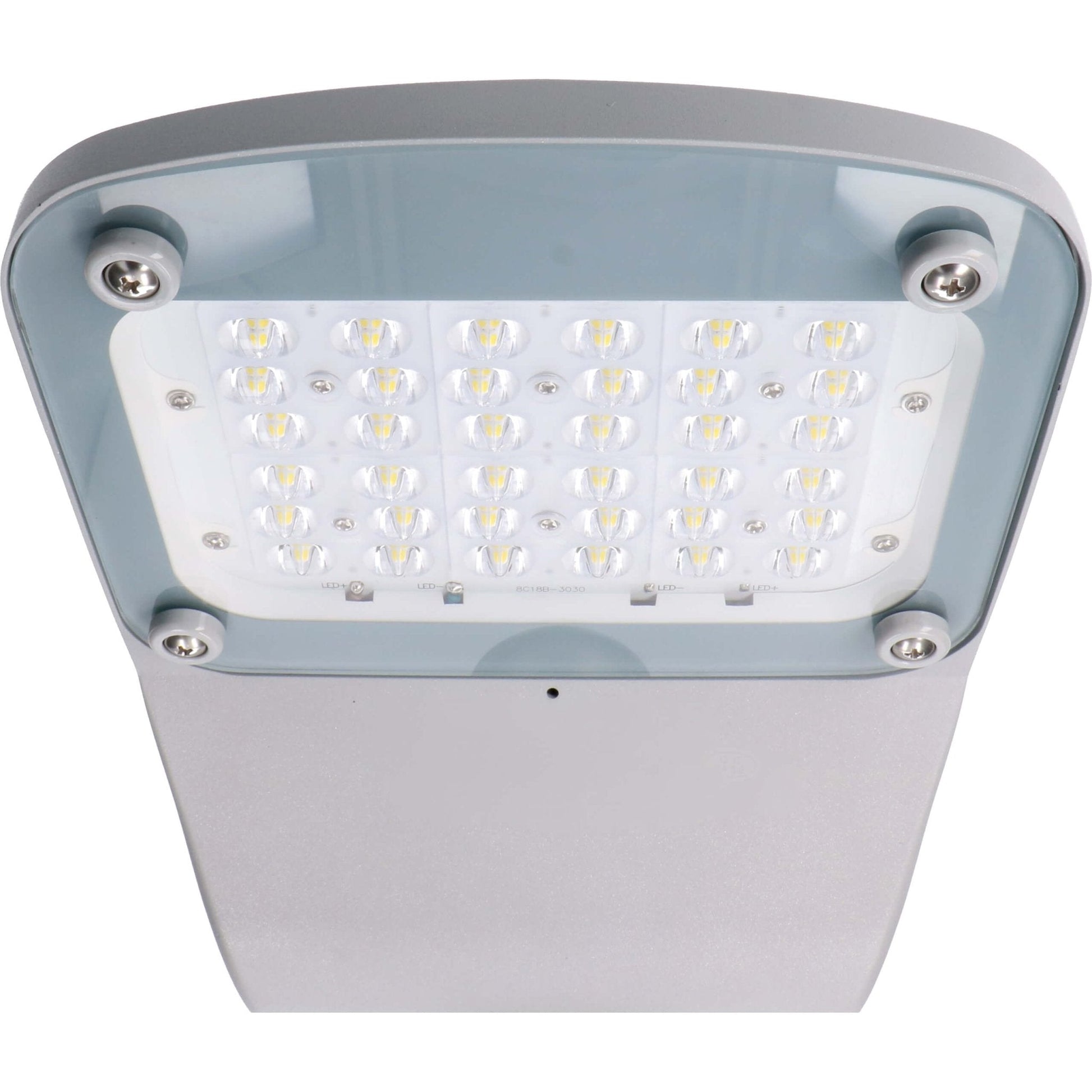 Zilverkleurige LED straatverlichting met zichtbare chips en glazen beschermkap, geschikt voor buitenverlichting. Robuust ontwerp voor straat- en tuinverlichting.