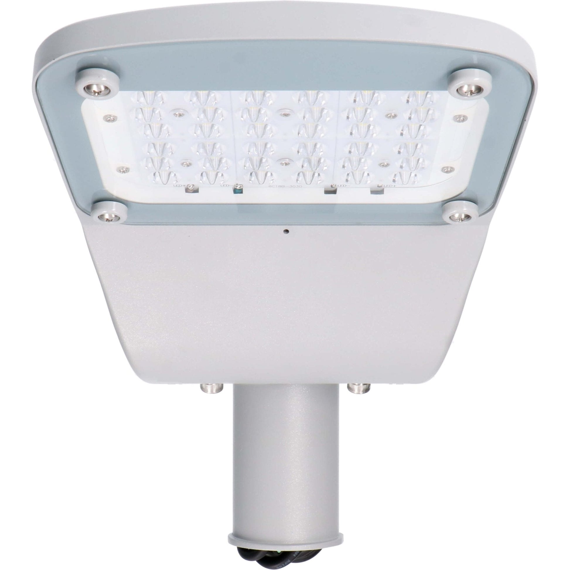 Een zilverkleurige LED straatverlichting met een rechthoekig lichtpaneel en zichtbare schroefverbindingen. Geschikt voor buitenverlichting en straatverlichting, met een modern, functioneel ontwerp.