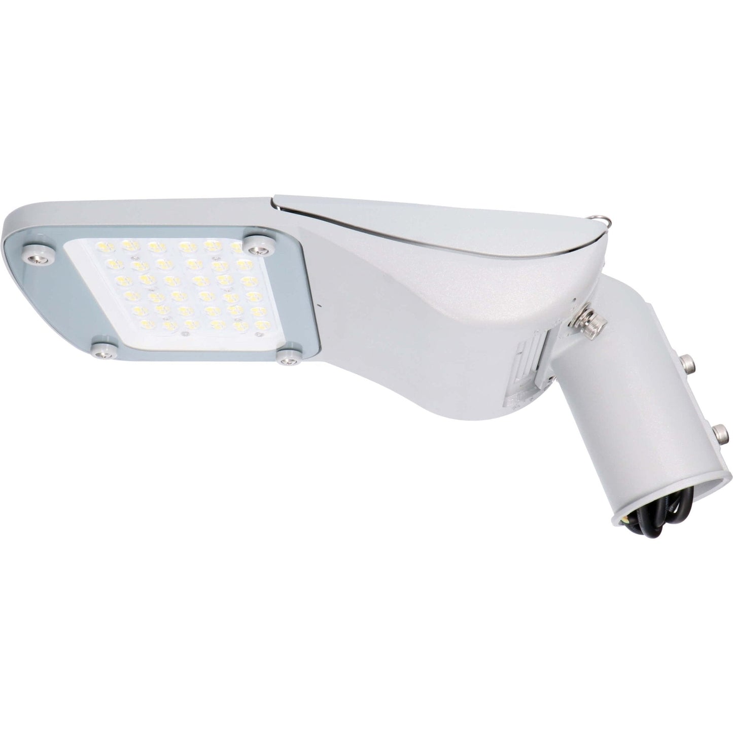 Zilverkleurige LED straatverlichting met zichtbare chips en glazen beschermkap, geschikt voor buitenverlichting. Robuust ontwerp voor straat- en tuinverlichting.