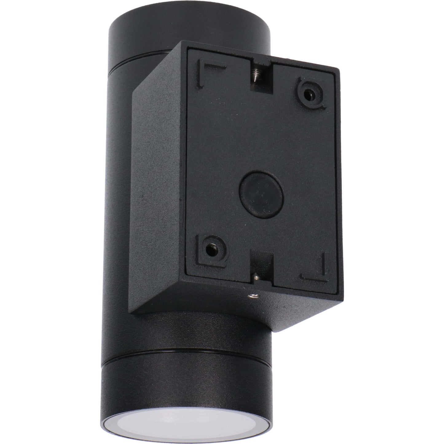 Zwarte cilindrische wandlamp met warm wit licht, geïnstalleerd op een grijze bakstenen muur. Perfect voor moderne buitenverlichting en stijlvolle tuinverlichting.