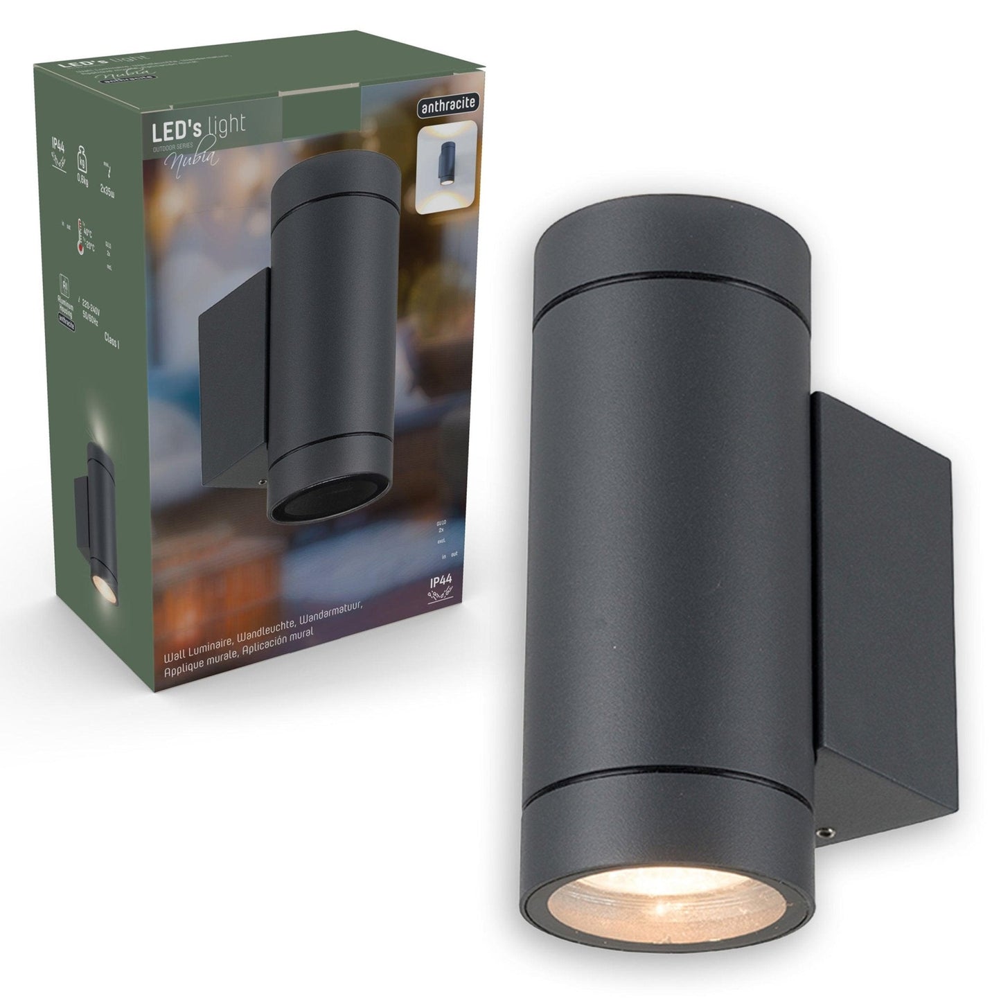Zwart, cilindrisch buitenspot met warm wit licht, bevestigd aan een grijze bakstenen muur. Modern design voor buitenverlichting en tuinverlichting.