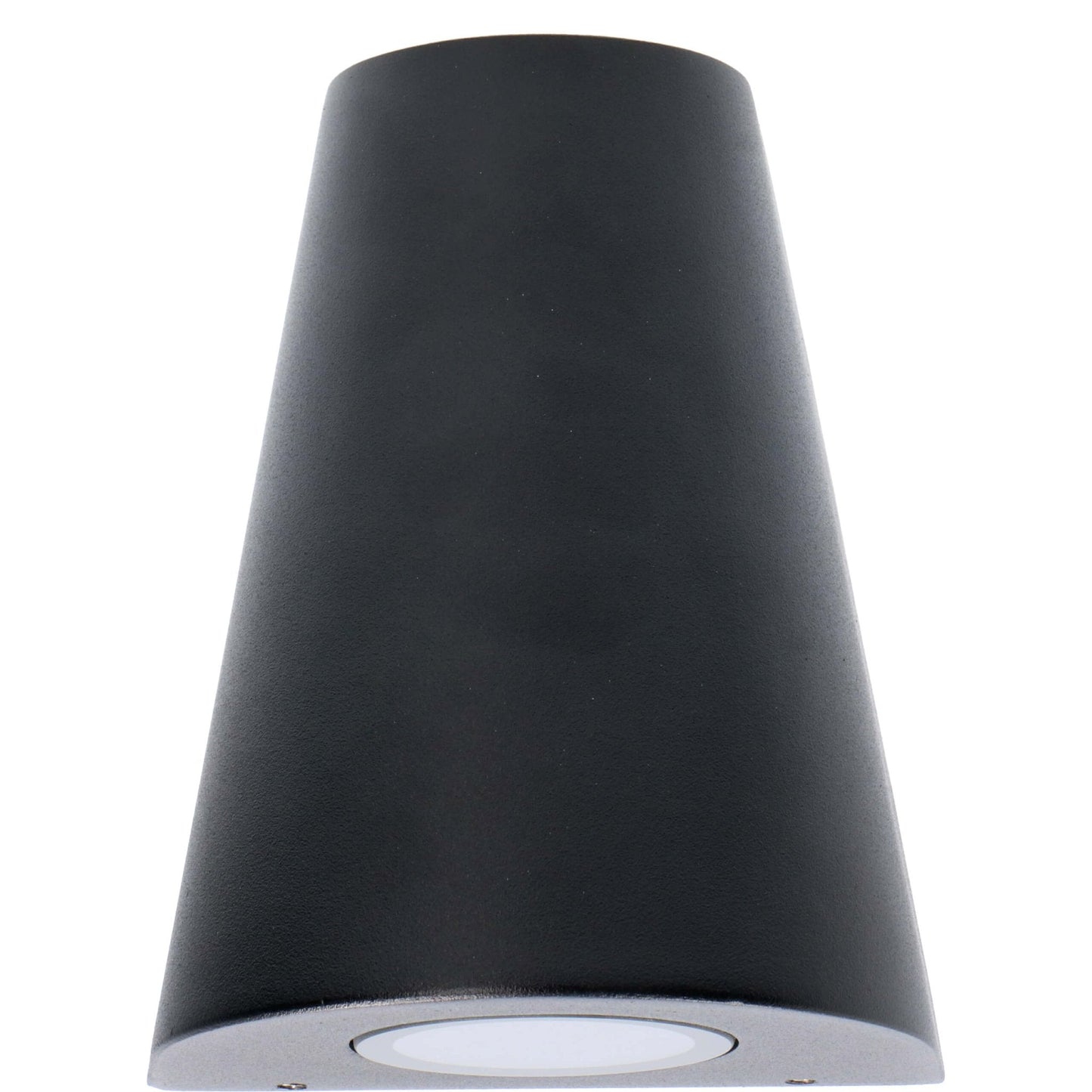 Zwart, cilindrisch wandlampje met warm wit licht, bevestigd aan een textuurrijke betonnen muur. Perfect voor moderne buitenverlichting en architectonische accentverlichting.