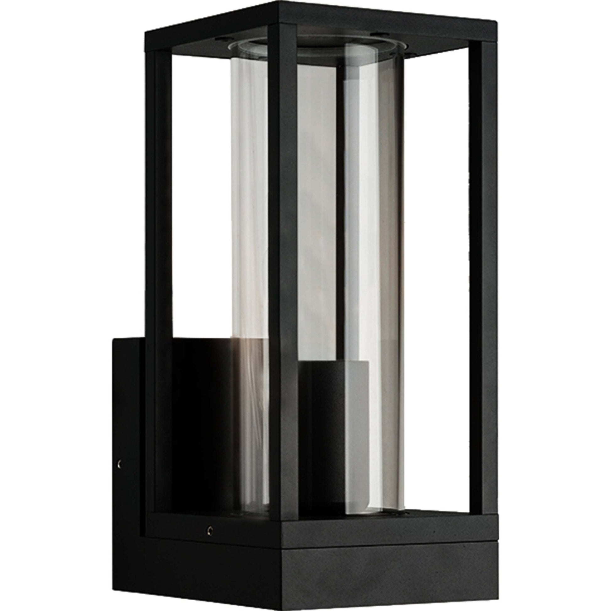 Een zwart, rechthoekig buitenspot met glazen panelen en een gloeiende filamentlamp. Perfect voor warme verlichting op terras of veranda.