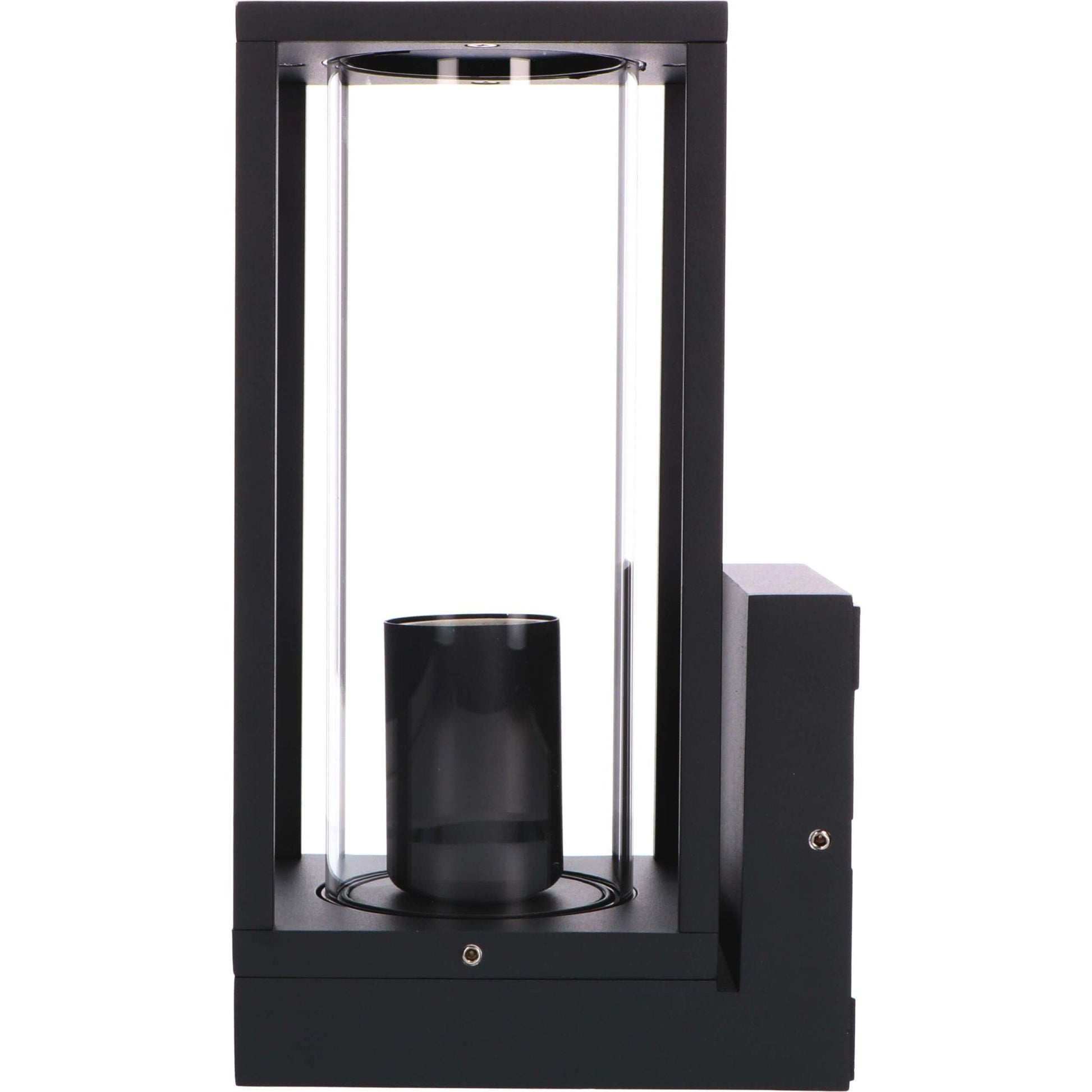 Een zwart, rechthoekig buitenspot met glazen panelen en een gloeiende filamentlamp. De warme verlichting werpt zachte schaduwen op de muur, ideaal voor tuin- of terrasverlichting.
