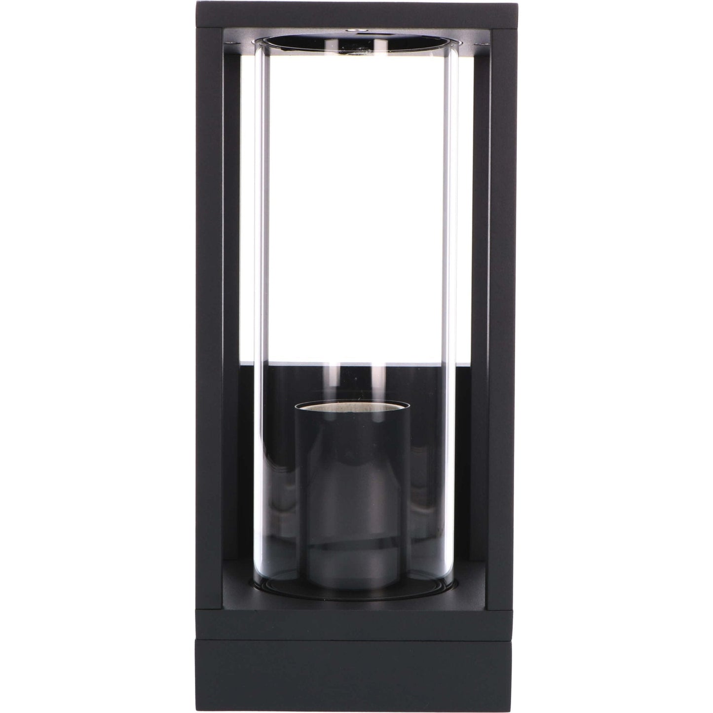 Een zwart, rechthoekig wandlampje met glazen panelen en een gloeiende filamentlamp, perfect voor buitenverlichting. De warme gloed creëert een gezellige sfeer op de muur.