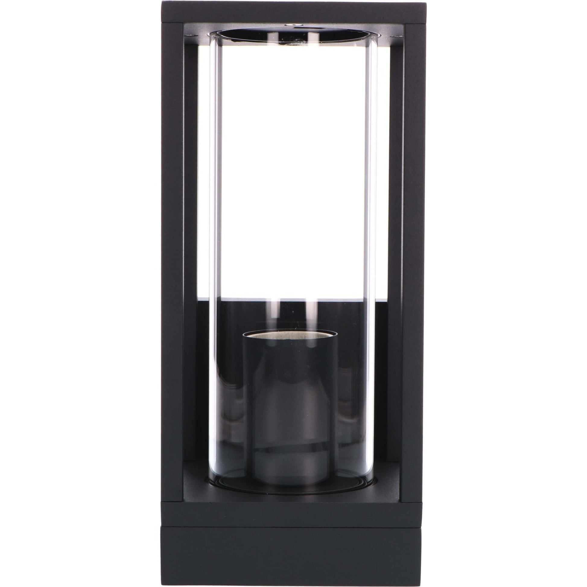 Een zwart, rechthoekig wandlampje met glazen panelen en een gloeiende filamentlamp, perfect voor buitenverlichting. De warme gloed creëert een gezellige sfeer op de muur.