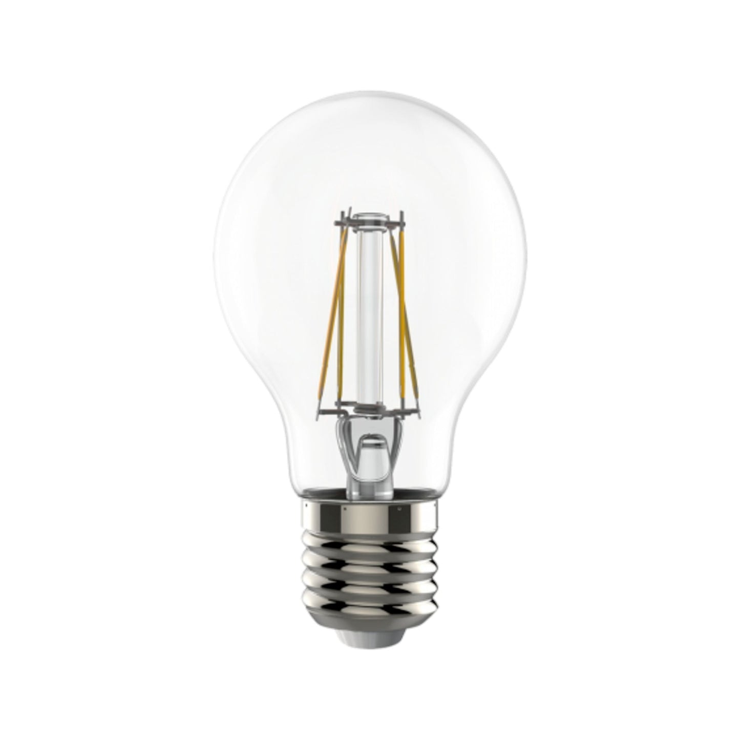 Een klassieke glazen filamentlamp met zichtbare gele draadjes en een zilverkleurige E27-schroefdraad, geschikt voor retro- en vintageverlichting in woon- en interieurprojecten.