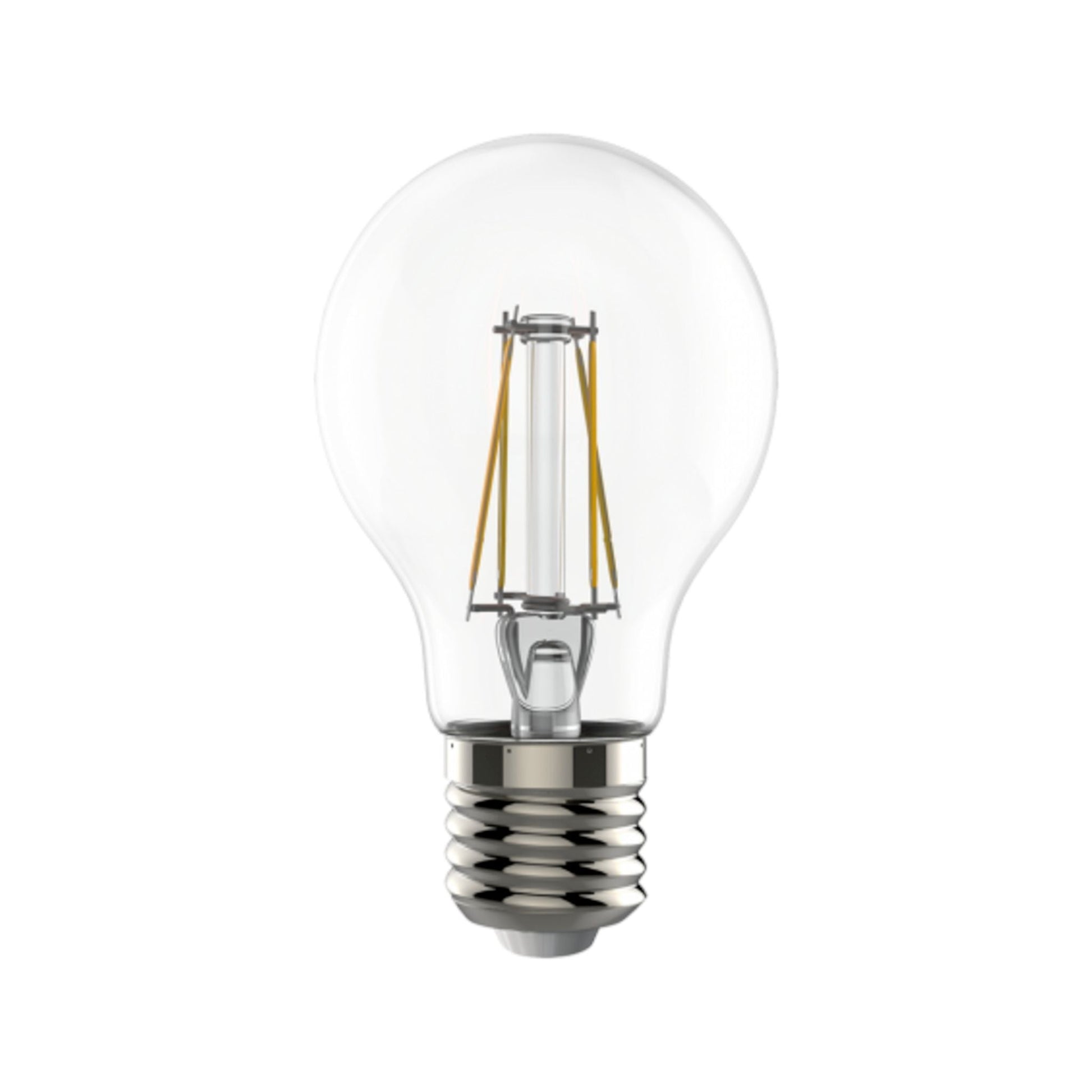 Een klassieke glazen filamentlamp met zichtbare gele draadjes en een zilverkleurige E27-schroefdraad, geschikt voor retro- en vintageverlichting in woon- en interieurprojecten.