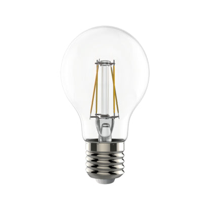 Een klassieke glazen filamentlamp met zichtbare gele draadjes en een zilverkleurige E27-schroefdraad, geschikt voor retro- en vintageverlichting in woon- en interieurprojecten.