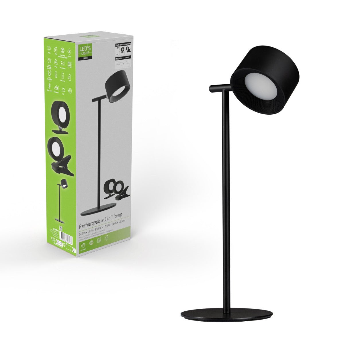 LED's Light 3-in-1 Draadloos Oplaadbaar Spotje - Tafellamp, Klemlamp & Wandlamp - Zwart