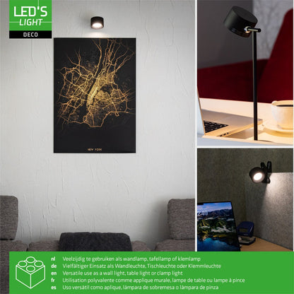 LED's Light 3-in-1 Draadloos Oplaadbaar Spotje - Tafellamp, Klemlamp & Wandlamp - Zwart