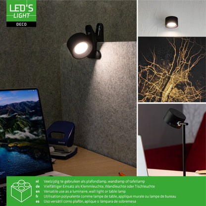 LED's Light 3-in-1 Draadloos Oplaadbaar Spotje - Tafellamp, Klemlamp & Wandlamp - Zwart