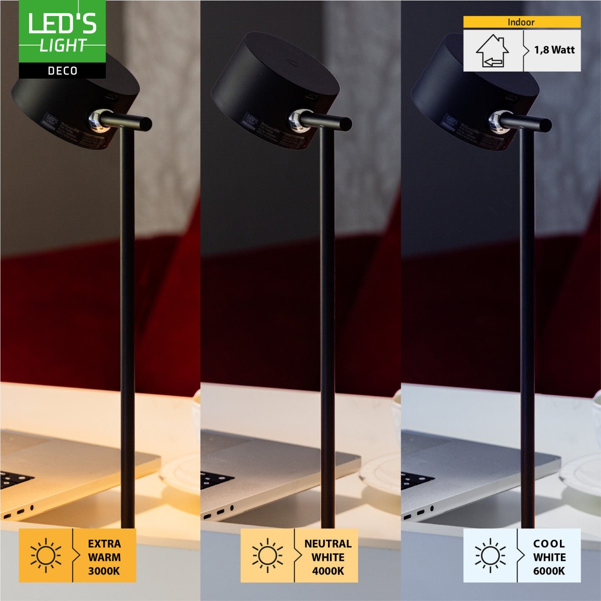LED's Light 3-in-1 Draadloos Oplaadbaar Spotje - Tafellamp, Klemlamp & Wandlamp - Zwart