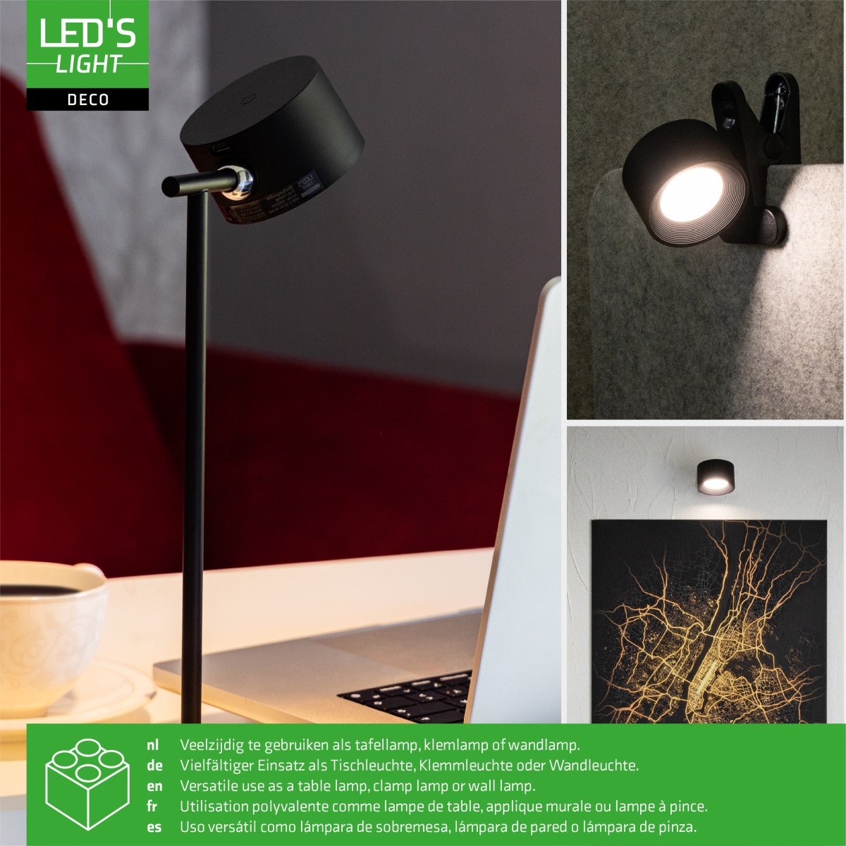 LED's Light 3-in-1 Draadloos Oplaadbaar Spotje - Tafellamp, Klemlamp & Wandlamp - Zwart