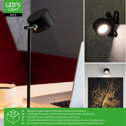 LED's Light 3-in-1 Draadloos Oplaadbaar Spotje - Tafellamp, Klemlamp & Wandlamp - Zwart
