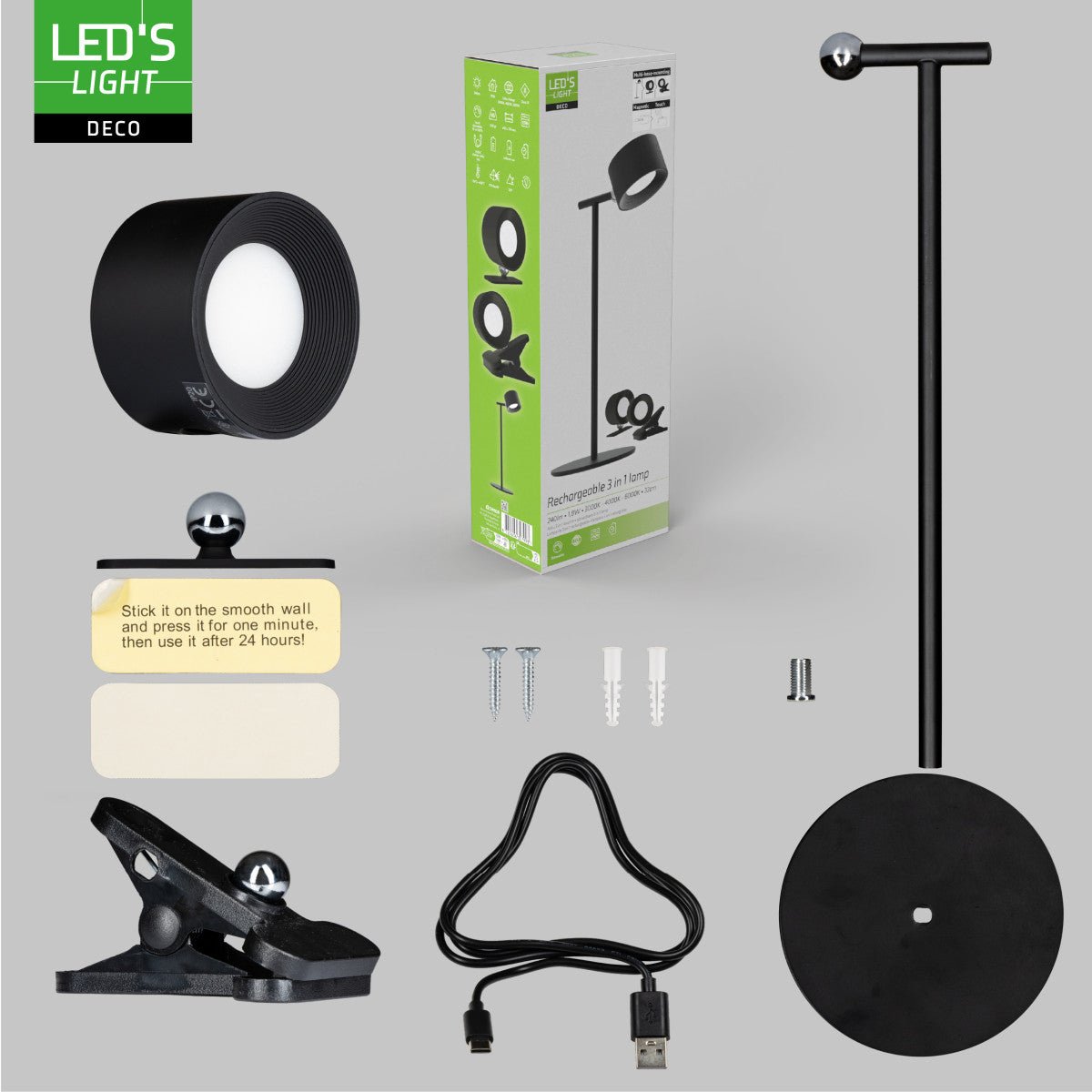 LED's Light 3-in-1 Draadloos Oplaadbaar Spotje - Tafellamp, Klemlamp & Wandlamp - Zwart