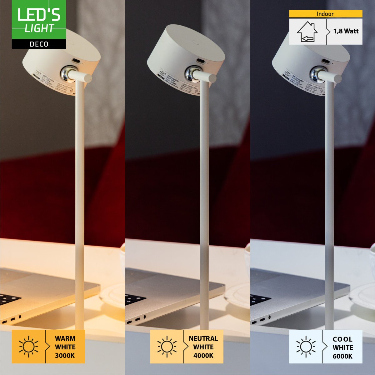 Een witte, opvouwbare LED-tafellamp met draaibare kap en magnetische houder, geplaatst naast haar verpakking. Ideaal voor lezen en werken in slaapkamer of kantoor.