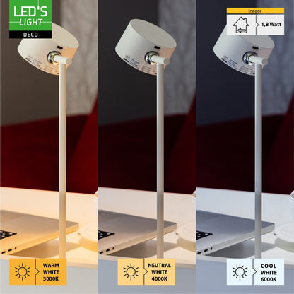 Een witte, opvouwbare LED-tafellamp met draaibare kap en magnetische houder, geplaatst naast haar verpakking. Ideaal voor lezen en werken in slaapkamer of kantoor.