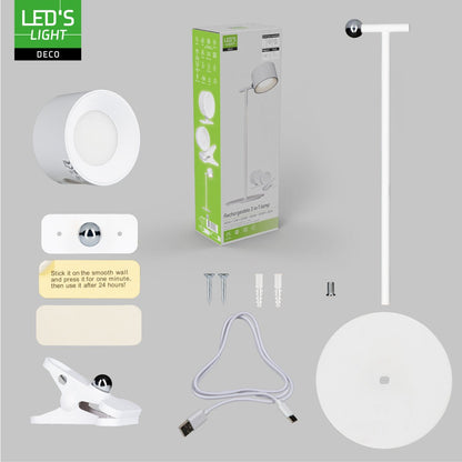 LED's Light 3-in-1 draadloze oplaadbare lamp met magnetische muurbeugel, voet en klem - Wit