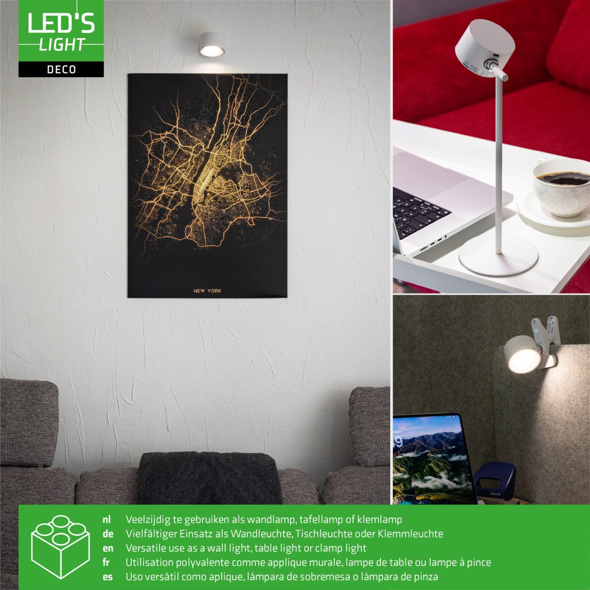 LED's Light 3-in-1 draadloze oplaadbare lamp met magnetische muurbeugel, voet en klem - Wit