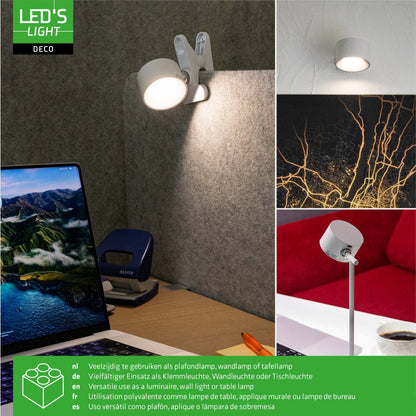 LED's Light 3-in-1 draadloze oplaadbare lamp met magnetische muurbeugel, voet en klem - Wit
