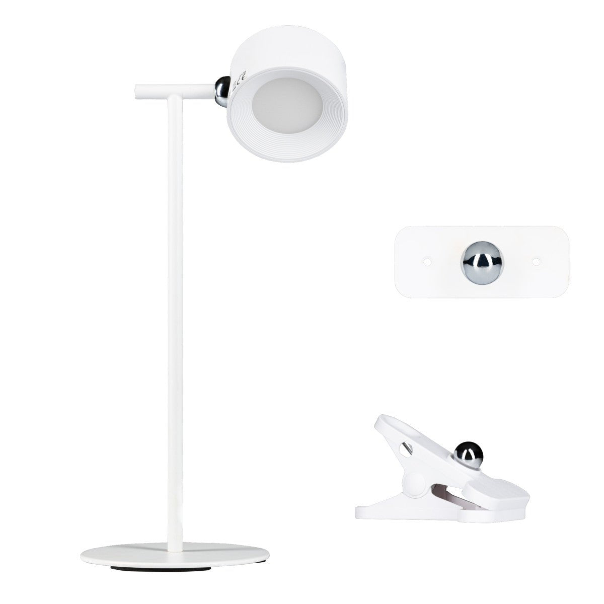 Een witte, opgevouwen LED-tafellamp met draaibare arm en zacht licht, naast haar verpakking. Ideaal voor lezen of werken in een moderne, minimalistische omgeving.