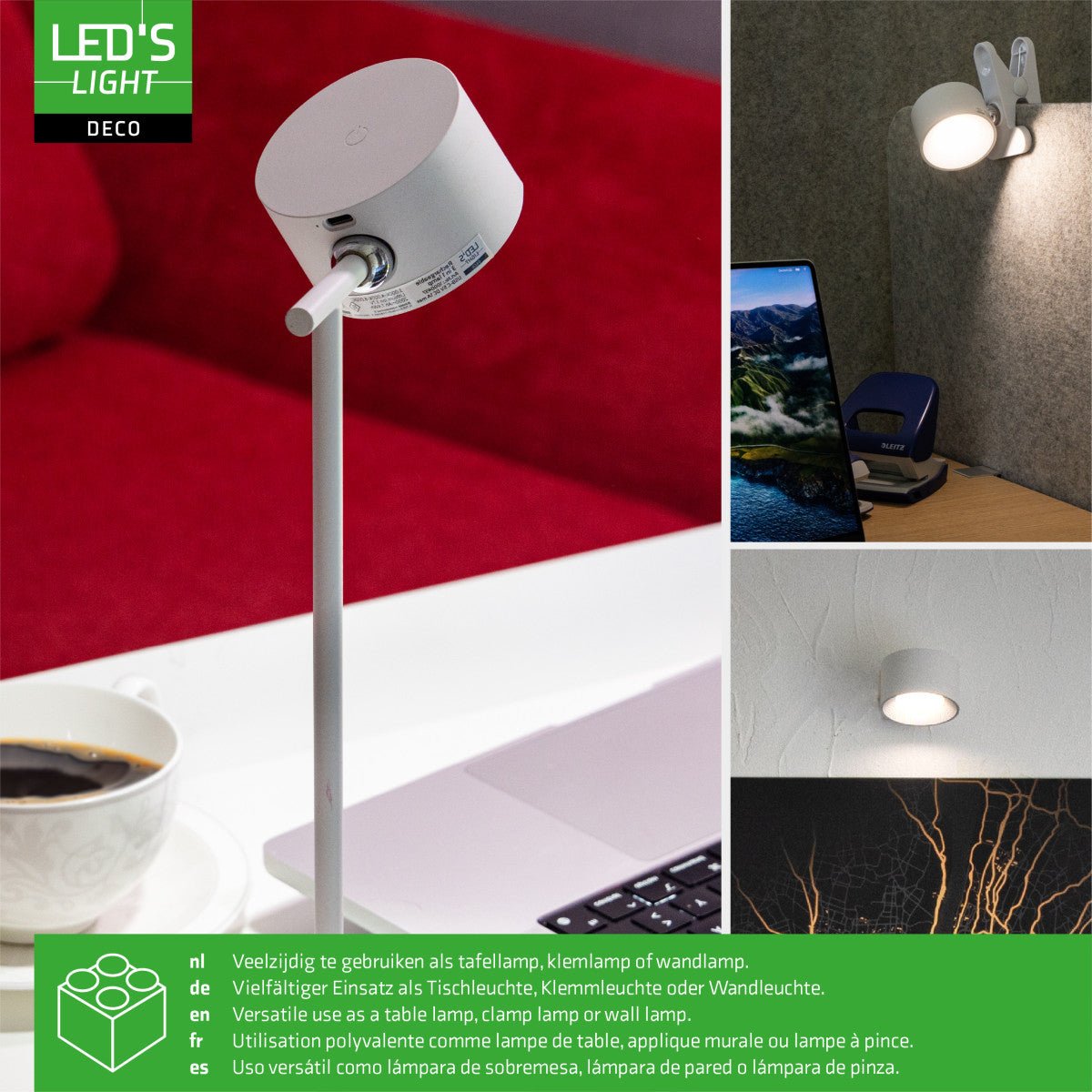 LED's Light 3-in-1 draadloze oplaadbare lamp met magnetische muurbeugel, voet en klem - Wit