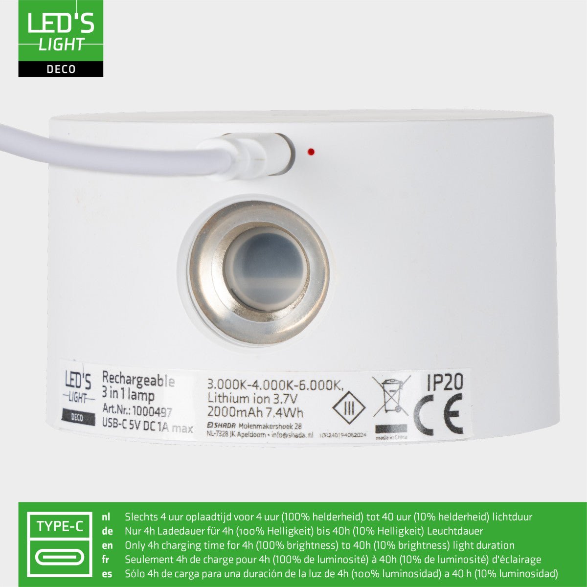 LED's Light 3-in-1 draadloze oplaadbare lamp met magnetische muurbeugel, voet en klem - Wit