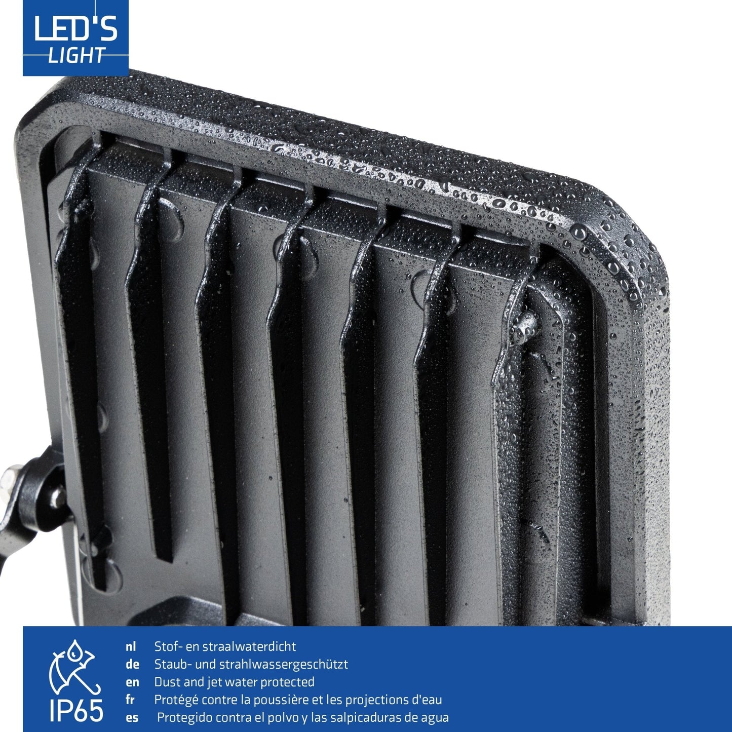 Zwart LED-stralingslicht met bewegingssensor, voor buitenverlichting. Geïntegreerde sensor detecteert beweging en activeert het licht automatisch bij nacht.