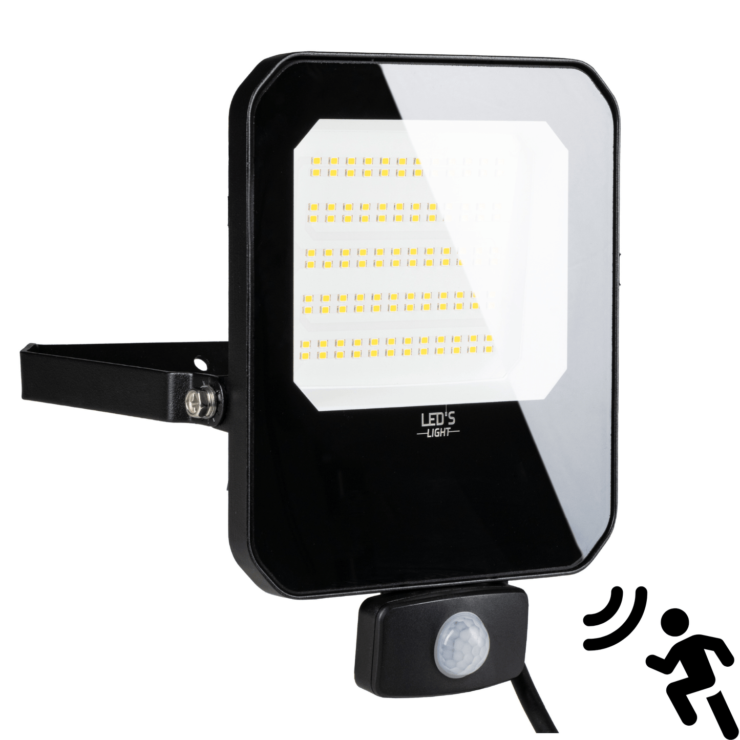 Zwart LED-stralingslicht met bewegingssensor, voor buitenverlichting. Geïntegreerde sensor detecteert beweging en activeert het licht automatisch bij nacht.
