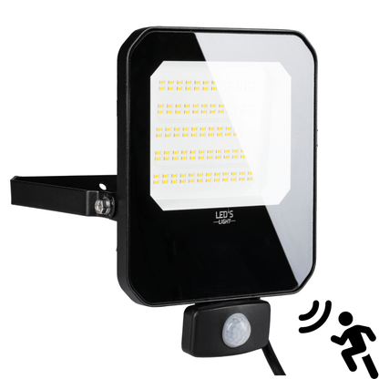 Zwart LED-stralingslicht met bewegingssensor, voor buitenverlichting. Geïntegreerde sensor detecteert beweging en activeert het licht automatisch bij nacht.