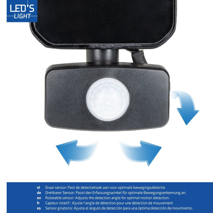 Zwarte LED buitenverlichting met bewegingssensor, voor tuin of terras. Geïntegreerde sensor detecteert beweging en activeert automatisch de verlichting.