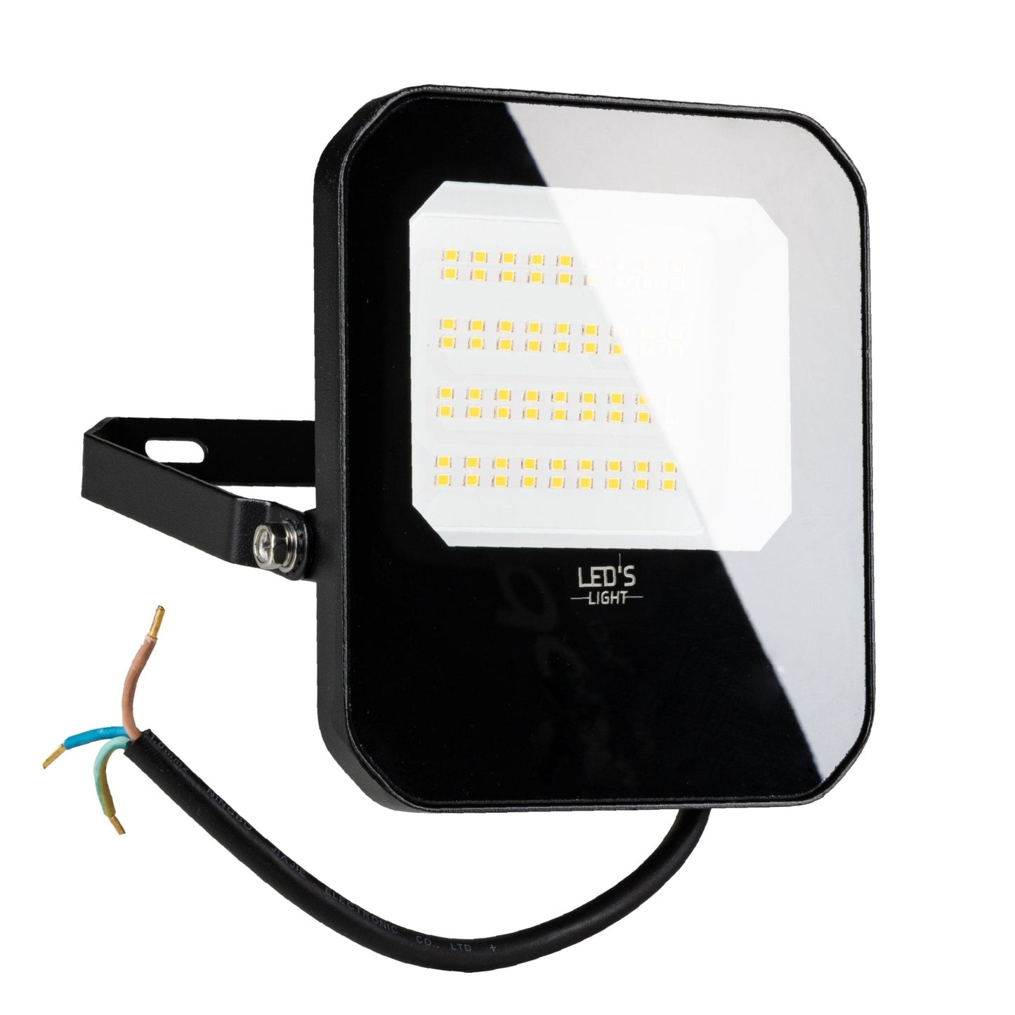 Zwart LED-uitbouwlicht met zichtbare LED-chip en montageschroef, voor buitenverlichting. Geschikt voor tuin- of terrasverlichting, met gekleurde kabels aan de zijkant.