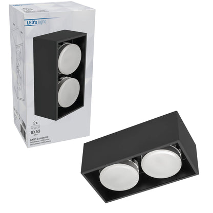 Zwart, rechthoekig LED-plafondlampenpaneel met twee GX53 lampen, geïntegreerd in de verpakking. Ideaal voor moderne woon- en werkomgevingen met minimalistisch interieur.