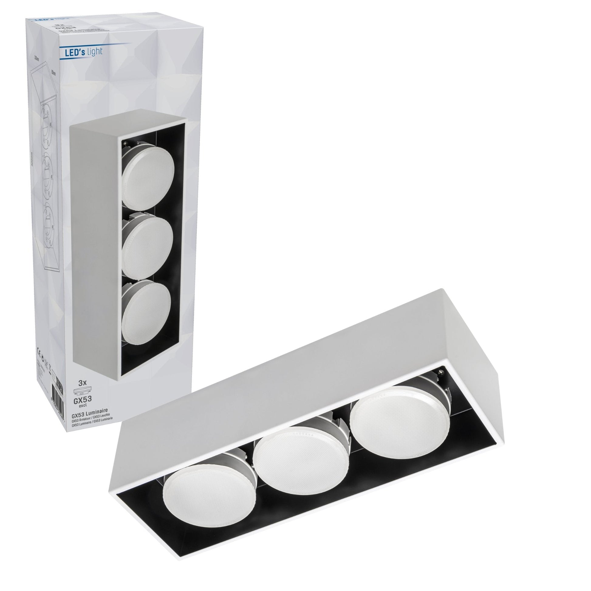 Zilverkleurige LED-badkamerlamp met drie ronde lichtbronnen, geïntegreerd in een rechthoekige behuizing. Geleverd in witte verpakking met productdetails voor badkamerverlichting.