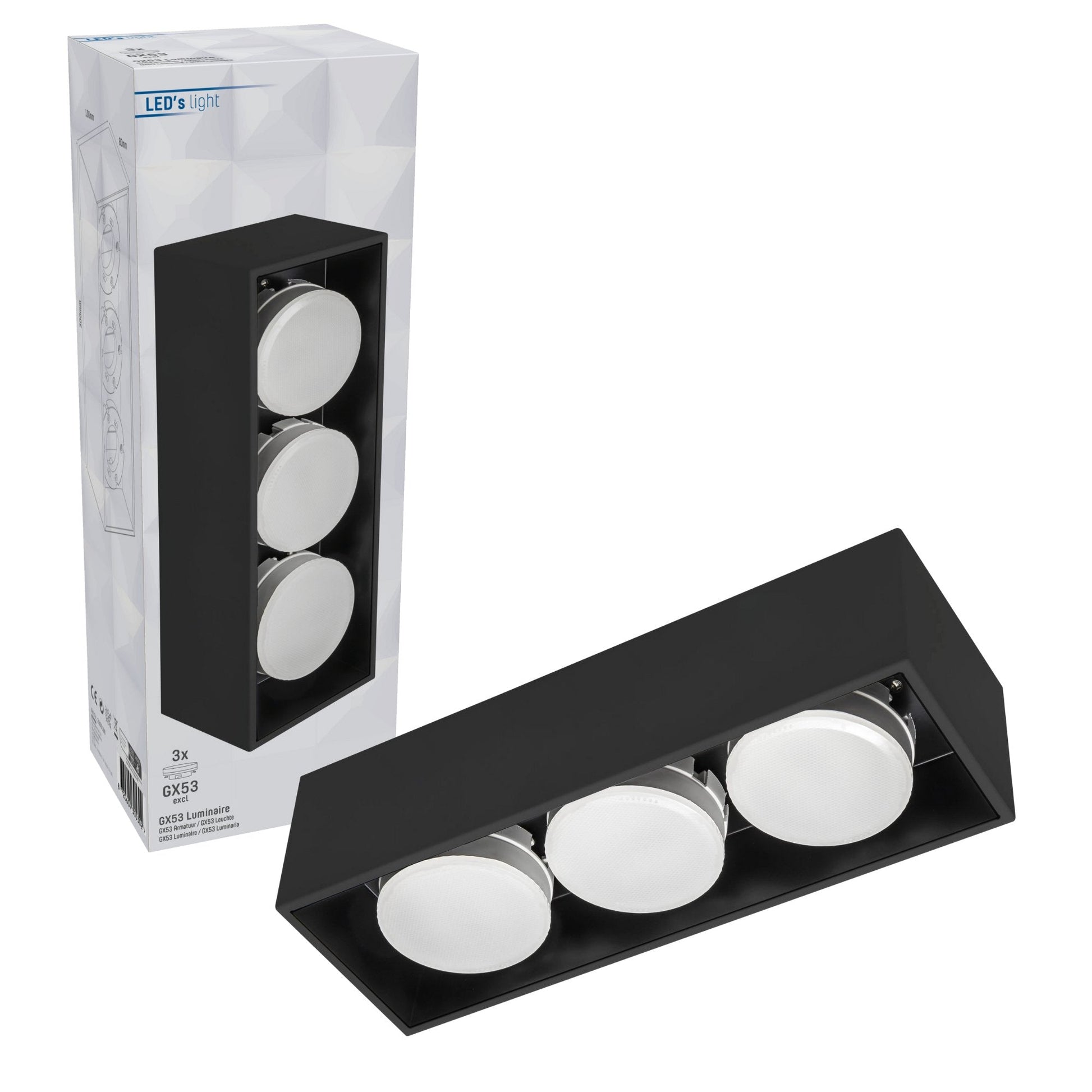 Zwart, rechthoekig LED-plafondlampenpaneel met drie witte GX53 lampen, naast de verpakking. Geschikt voor moderne interieurs en badkamers met minimalistische stijl.