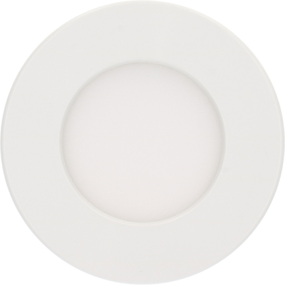 Een witte, ronde, dimbare LED-downlight met zichtbare zilverkleurige rand, naast zijn verpakking voor plafondverlichting. Geschikt voor zowel ingebouwde als oppervlakkige installatie in woon- en werkomgevingen.