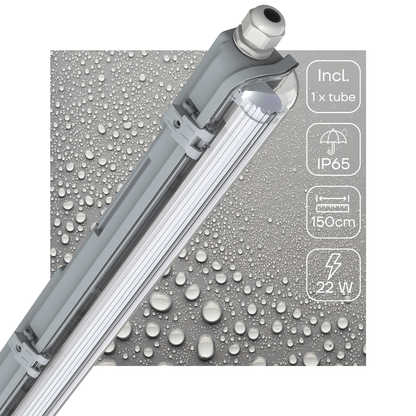Grijze, waterdichte LED-buis van 150 cm met IP65-klasse, geschikt voor buitenverlichting. Transparante behuizing met zichtbare kabels en zilverkleurige aansluiting.