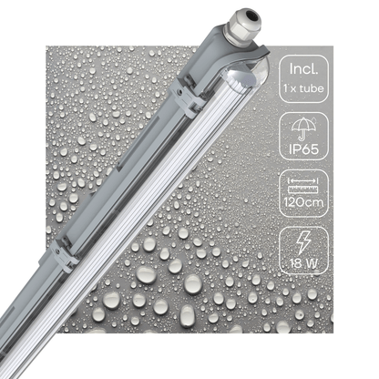Grijze LED-buis met transparante beschermkap en witte aansluiting, geïntegreerd met een goudkleurige verpakking voor professionele verlichting in kantoren en industriële ruimtes.