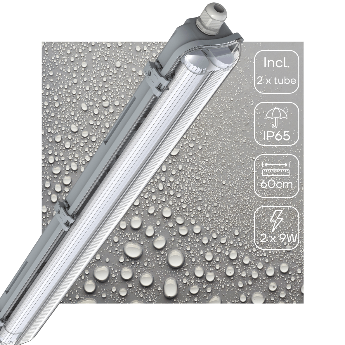 Grijze LED-buisverlichting met transparante beschermkap en witte aansluiting, inclusief twee witte T8-buislampen en een gouden verpakking voor professionele installatie in kantoren of magazijnen.